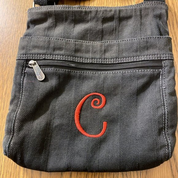 Thirty One 31 Crossbody Organizer Bag Black Textured Stripes Red “C” - Picture 2 of 10